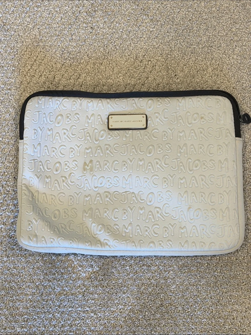 Marc by Marc Jacobs White Embossed Logo Laptop Sleeve with Black Trim